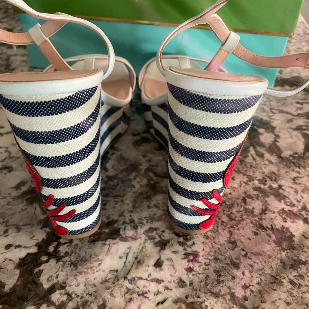 Kate Spade wedge wedges lobster 9.5 Striped Wedge Sandals  Lobster LEATHER - Picture 3 of 13